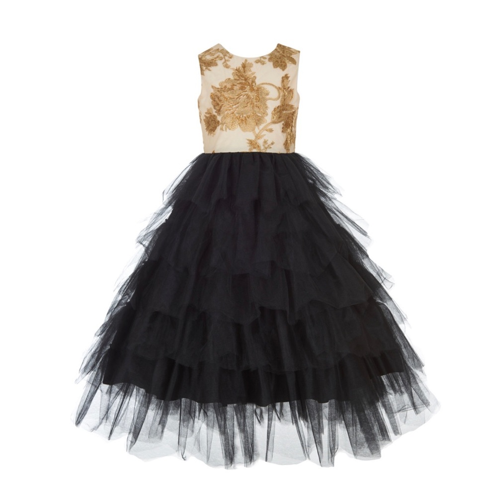 Girls Badgley Mischka gold embroidered bodice tulle dress. Size 10.
